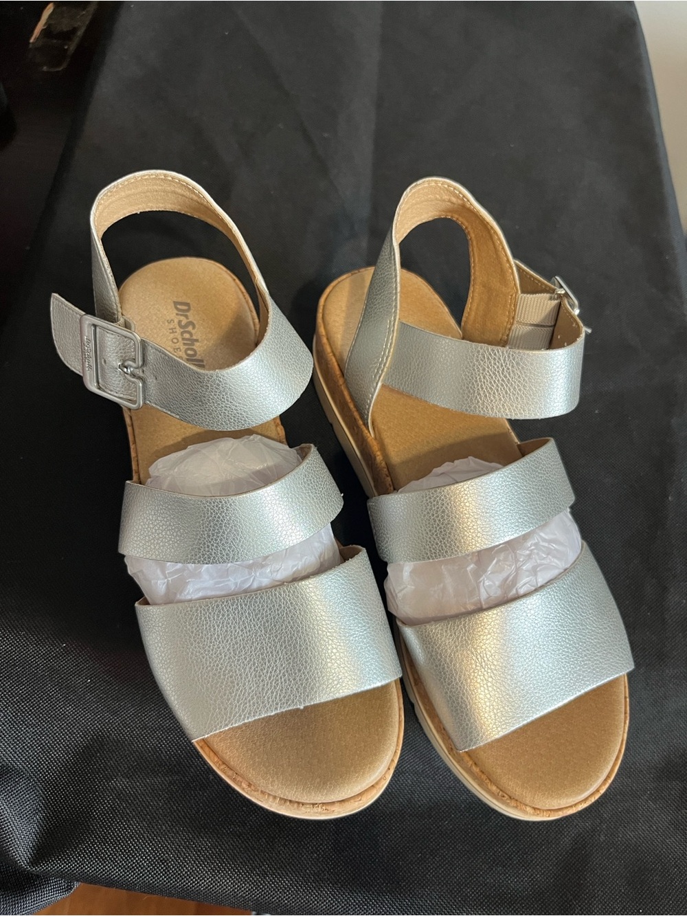 Dr. Scholl's Metallic Silver Triple-Strap Slingback Sandals. Very good condition
